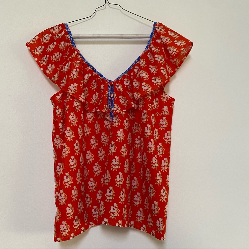 J.Crew Block Print Ruffle Flutter V-Neck Blouse Boho S